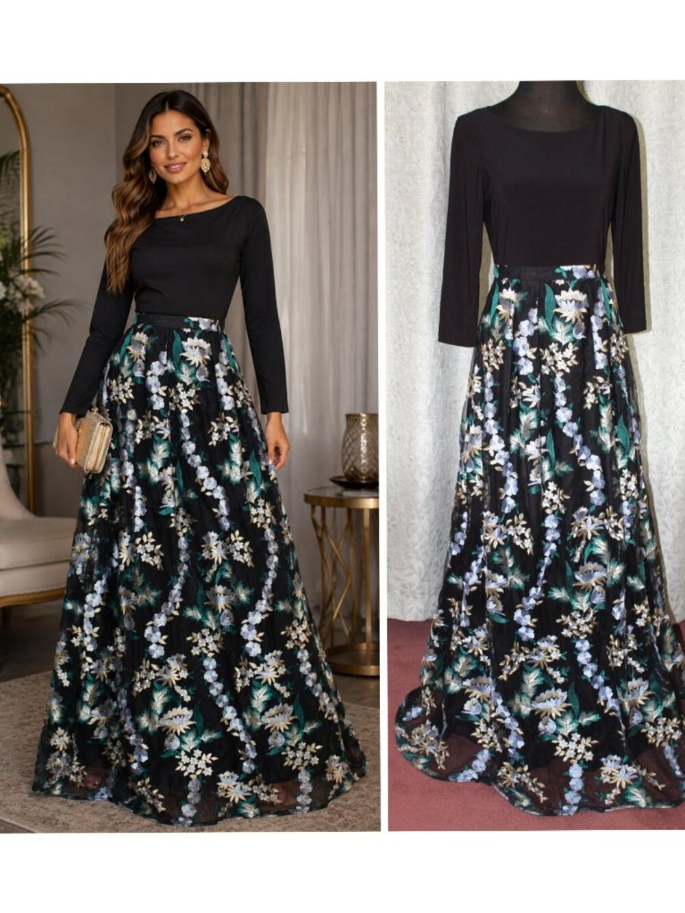 Adrianna Papell Floral Embroidered evening Gown Black Bodice Size 4US Party